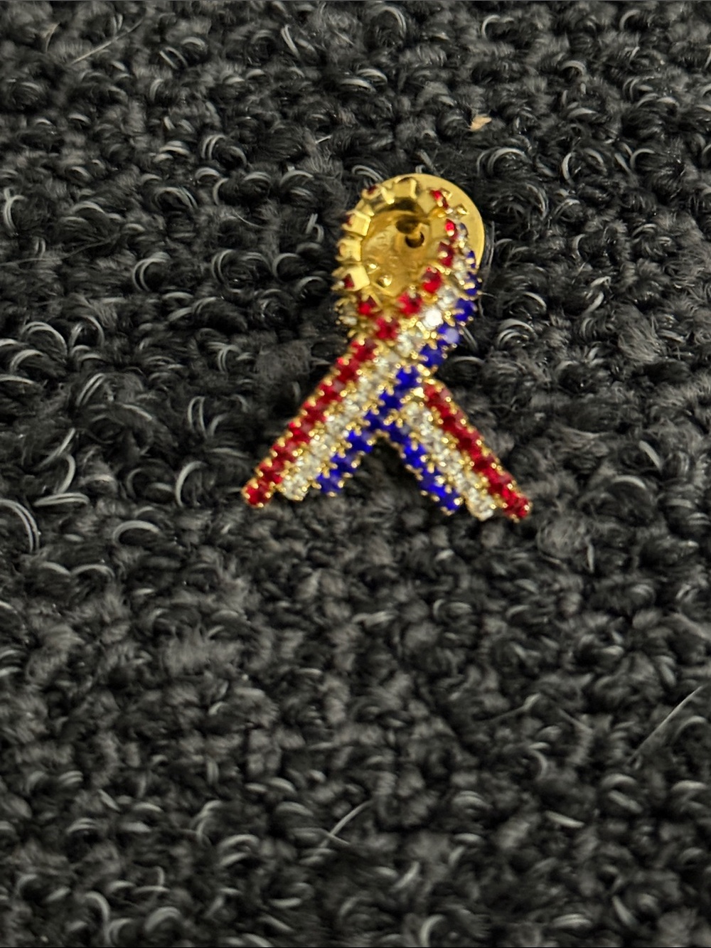 Fashion Jewelry Gold Ribbon Pin with Red, White, and Blue Crystals